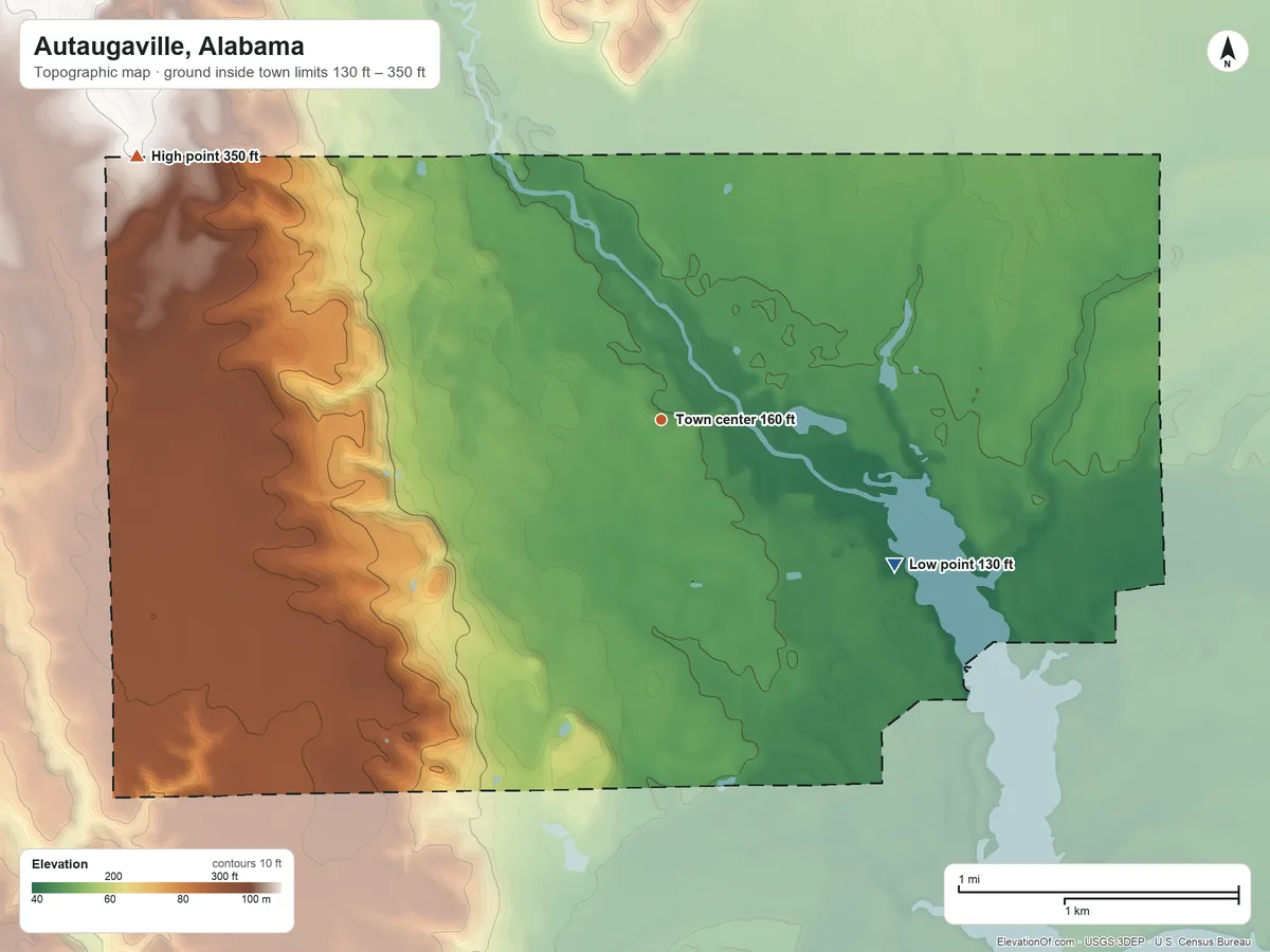 Topographic elevation map of Autaugaville, Alabama, shaded from 130 ft on the southeast side to 350 ft on the northwest side