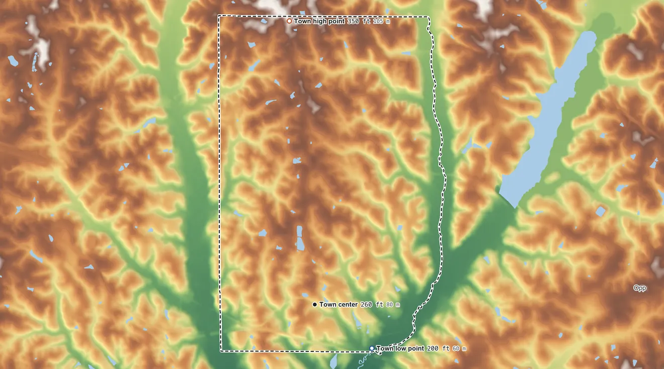 Topographic elevation map of Babbie, Alabama, shaded from 200 ft on the southeast side to 350 ft on the north side