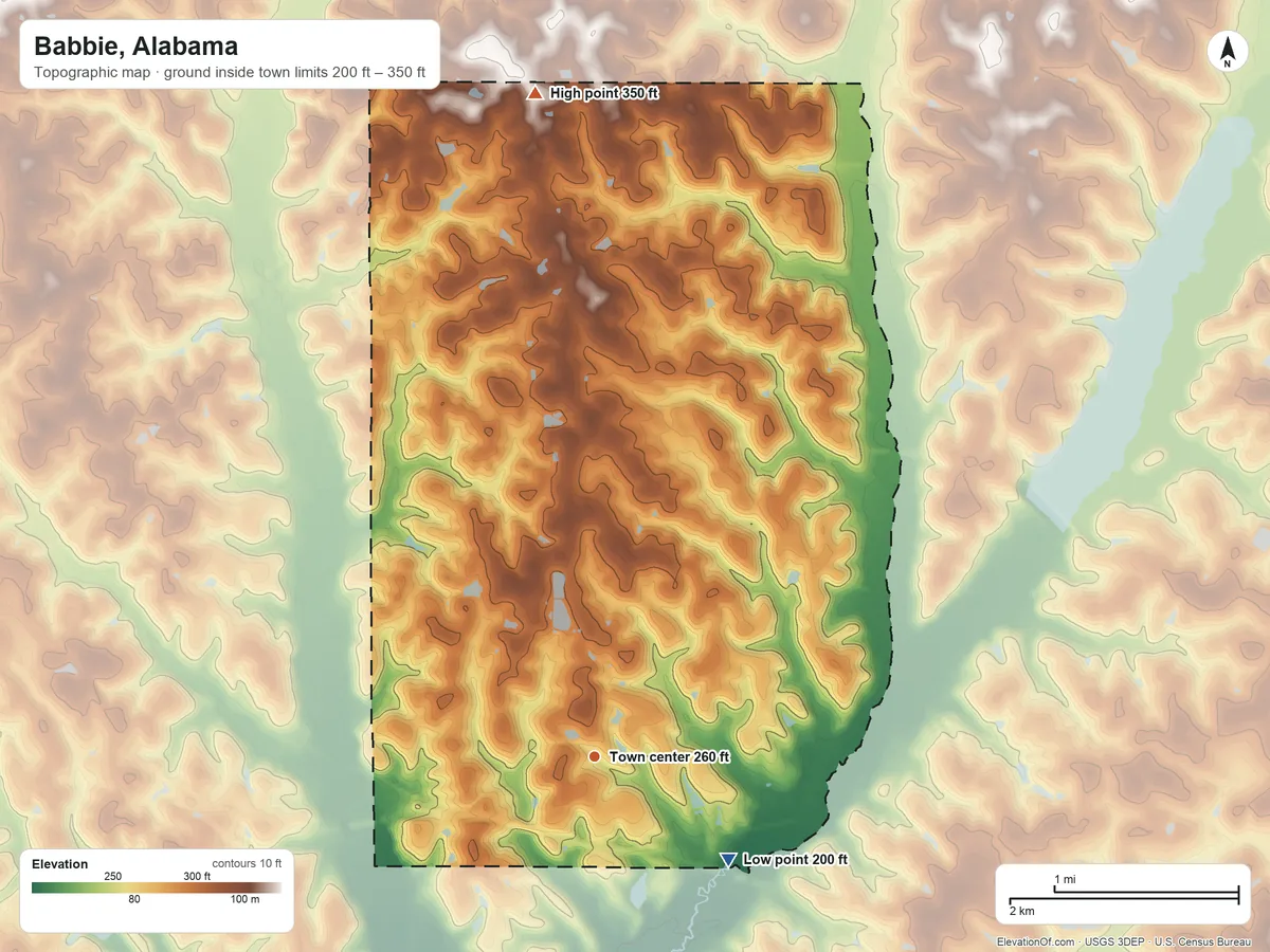 Topographic elevation map of Babbie, Alabama, shaded from 200 ft on the southeast side to 350 ft on the north side