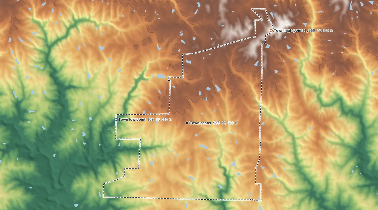 Topographic elevation map of Baileyton, Alabama, shaded from 860 ft on the west side to 1,060 ft on the northeast side