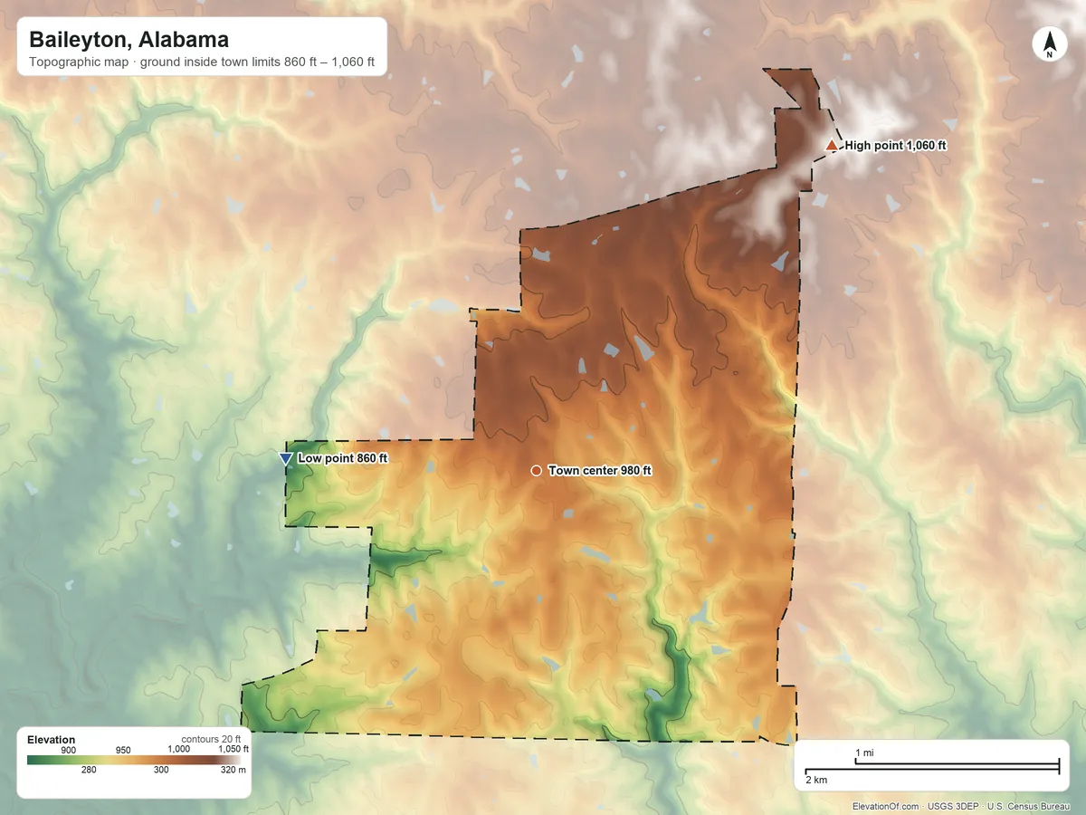 Topographic elevation map of Baileyton, Alabama, shaded from 860 ft on the west side to 1,060 ft on the northeast side