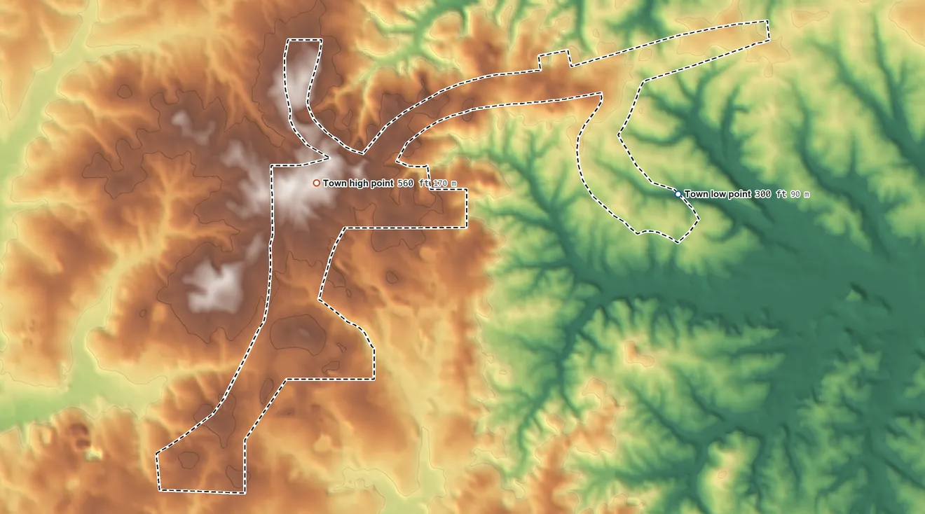 Topographic elevation map of Bakerhill, Alabama, shaded from 300 ft on the east side to 560 ft on the west side