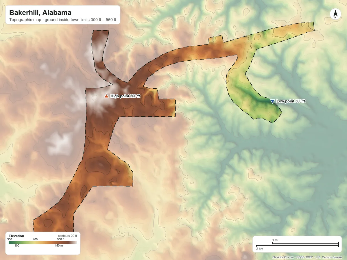 Topographic elevation map of Bakerhill, Alabama, shaded from 300 ft on the east side to 560 ft on the west side