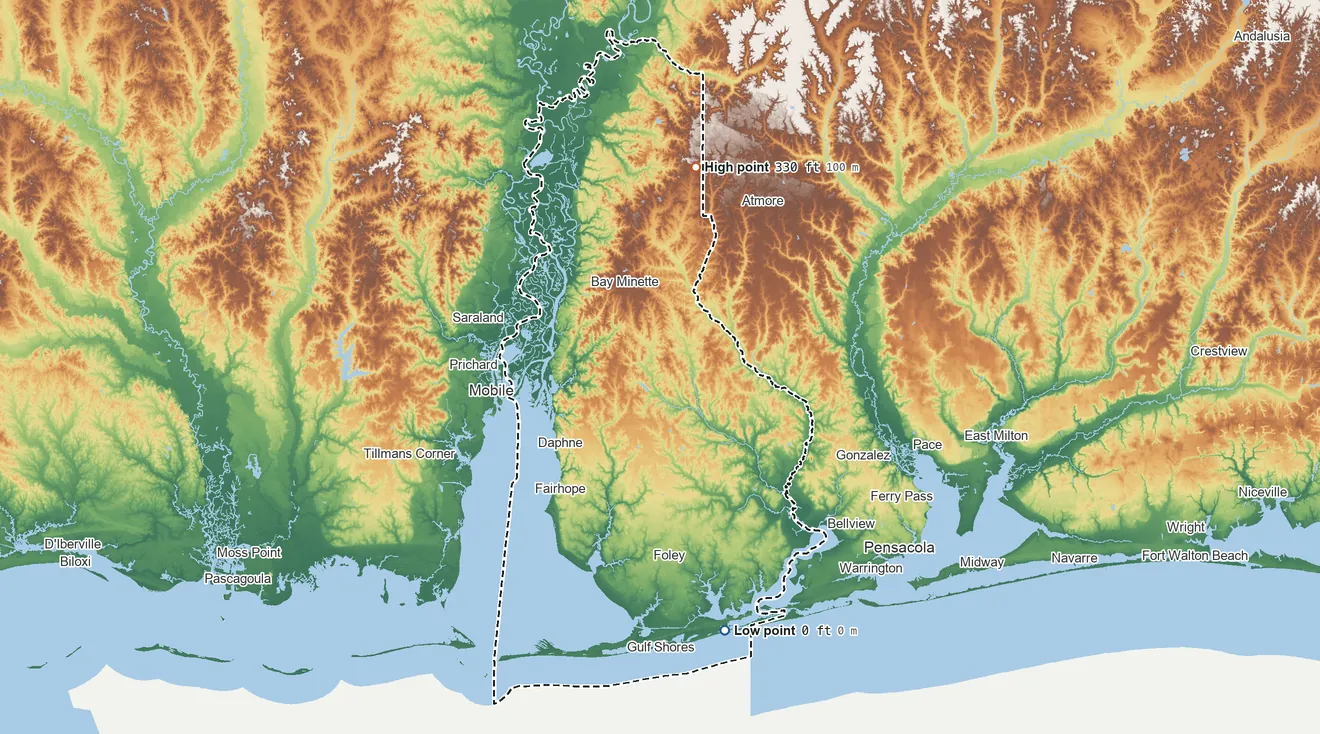 Topographic elevation map of Baldwin County, Alabama, shaded from sea level on the Gulf of America to 330 ft on the north side