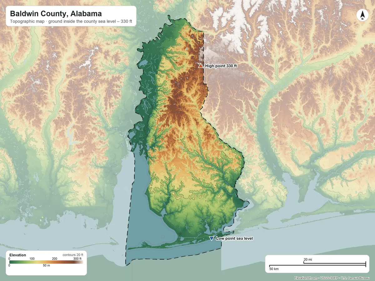 Topographic elevation map of Baldwin County, Alabama, shaded from sea level on the Gulf of America to 330 ft on the north side