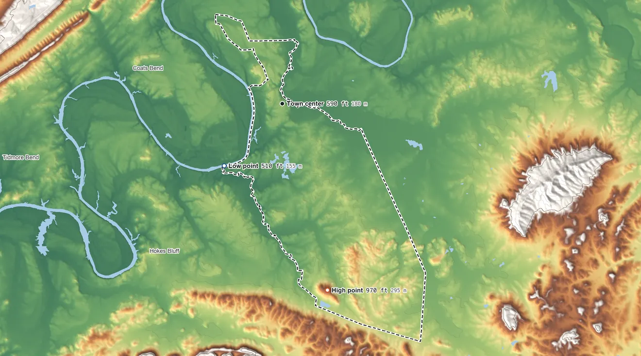 Topographic elevation map of Ballplay, Alabama, shaded from 510 ft on the southwest side to 970 ft on Round Mountain