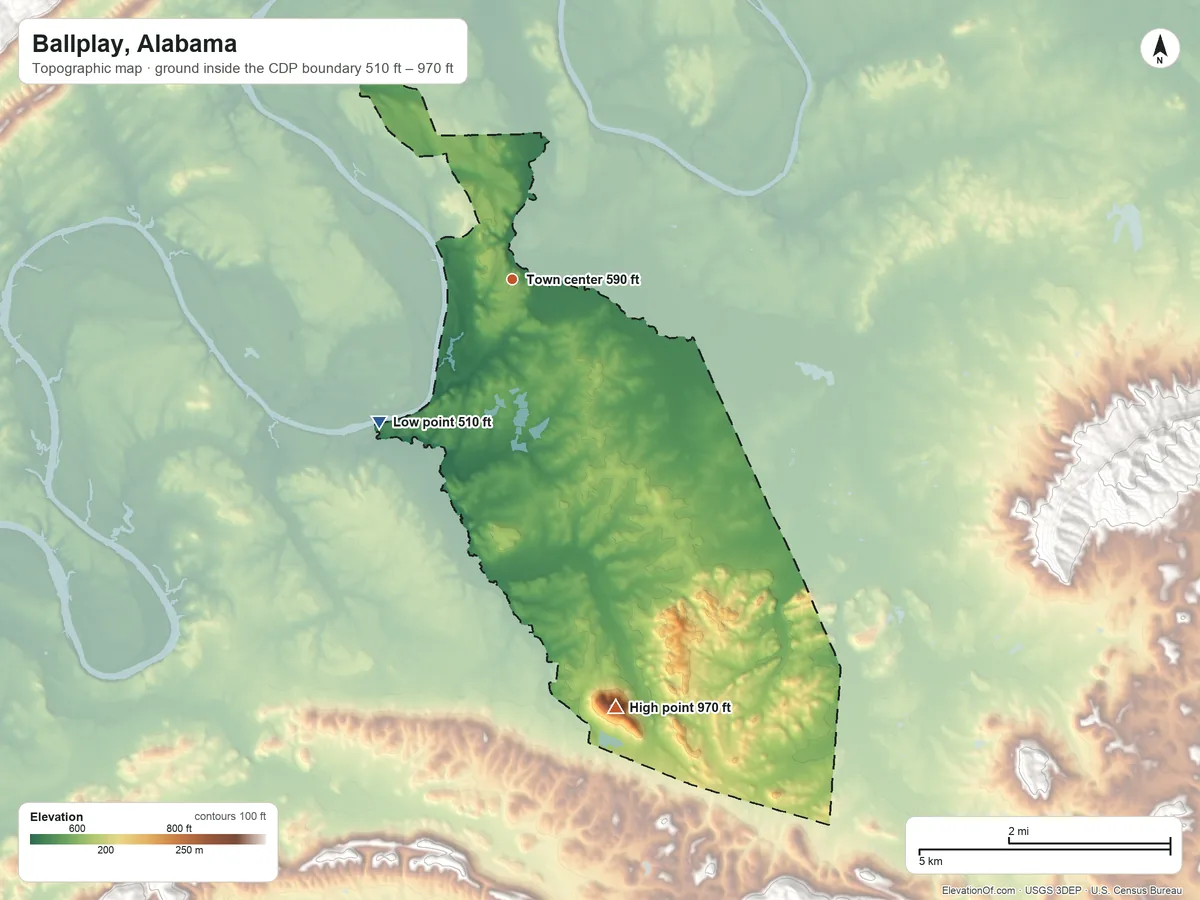 Topographic elevation map of Ballplay, Alabama, shaded from 510 ft on the southwest side to 970 ft on Round Mountain
