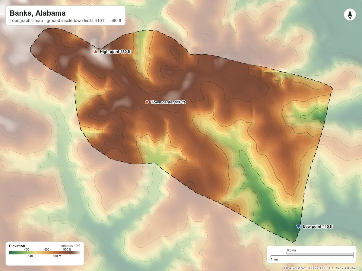 Topographic elevation map of Banks, Alabama, shaded from 410 ft on the southeast side to 580 ft on the northwest side