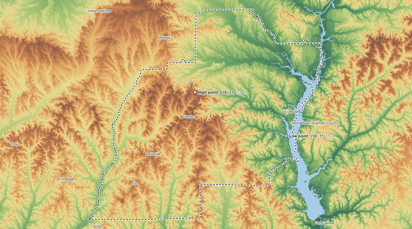 Topographic elevation map of Barbour County, Alabama, shaded from 190 ft on the east side to 690 ft on Graveyard Hill