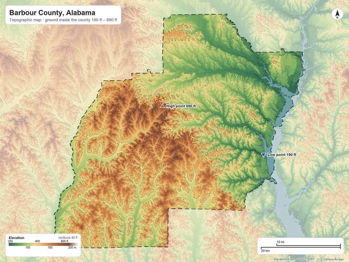 Topographic elevation map of Barbour County, Alabama, shaded from 190 ft on the east side to 690 ft on Graveyard Hill