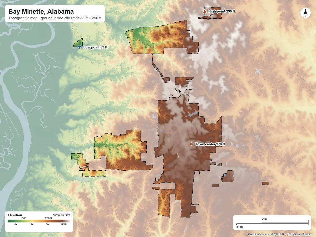 Topographic elevation map of Bay Minette, Alabama, shaded from 33 ft on the northwest side to 290 ft on the north side