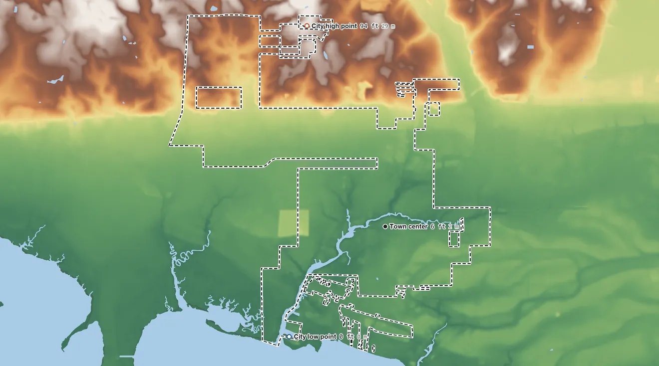 Topographic elevation map of Bayou La Batre, Alabama, shaded from sea level level on Portersville Bay to 94 ft on the north side
