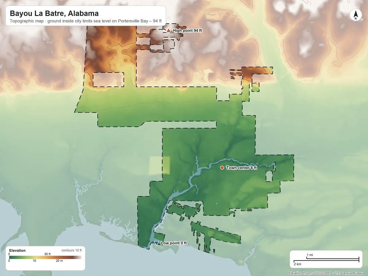 Topographic elevation map of Bayou La Batre, Alabama, shaded from sea level level on Portersville Bay to 94 ft on the north side