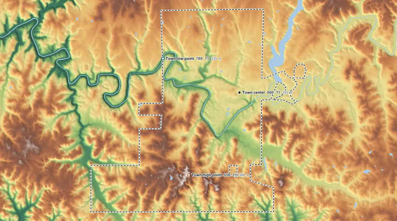 Topographic elevation map of Bear Creek, Alabama, shaded from 700 ft on the northwest side to 990 ft on the southwest side