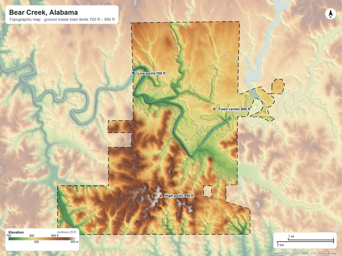 Topographic elevation map of Bear Creek, Alabama, shaded from 700 ft on the northwest side to 990 ft on the southwest side