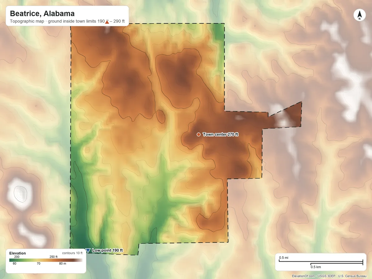 Topographic elevation map of Beatrice, Alabama, shaded from 190 ft on the southwest side to 290 ft on the northwest side