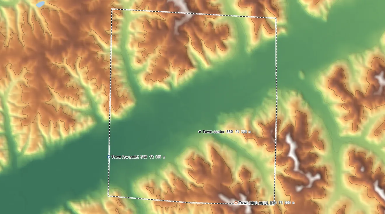 Topographic elevation map of Beaverton, Alabama, shaded from 340 ft on the west side to 630 ft on the southeast side