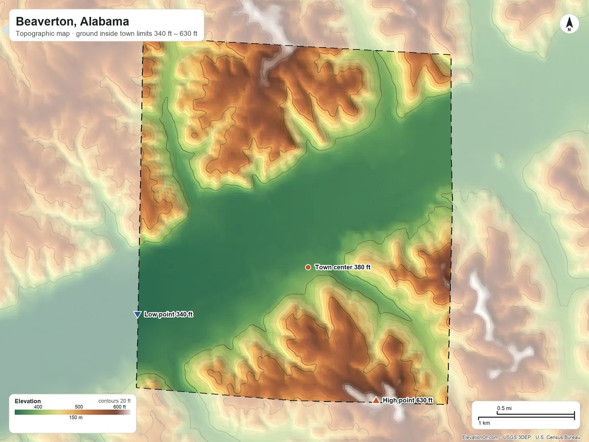 Topographic elevation map of Beaverton, Alabama, shaded from 340 ft on the west side to 630 ft on the southeast side