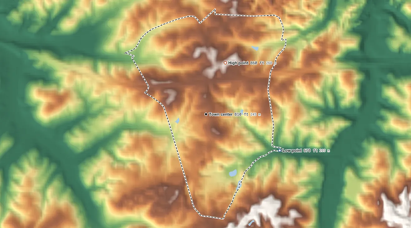 Topographic elevation map of Belgreen, Alabama, shaded from 670 ft on the southeast side to 860 ft on the north side
