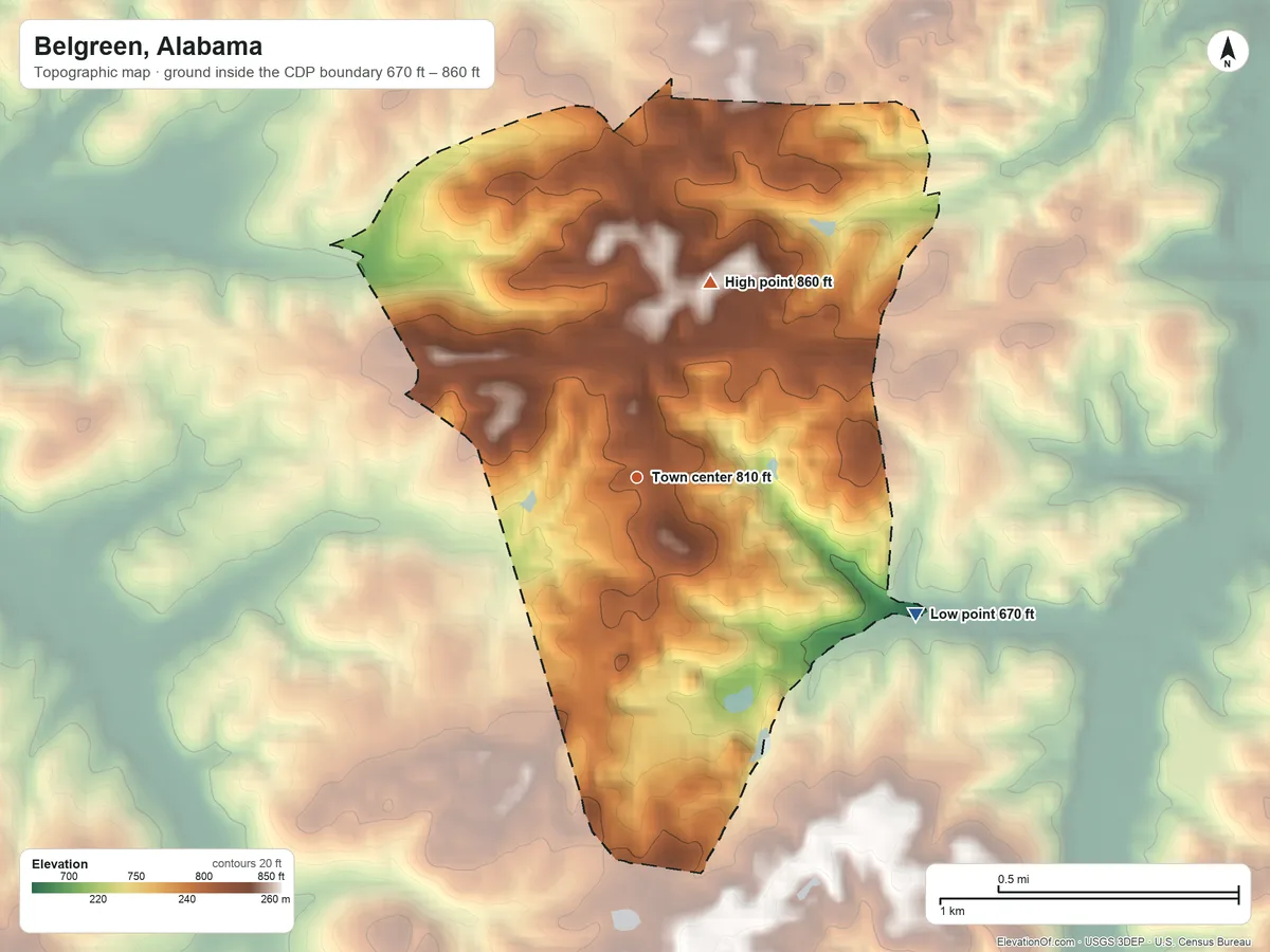 Topographic elevation map of Belgreen, Alabama, shaded from 670 ft on the southeast side to 860 ft on the north side