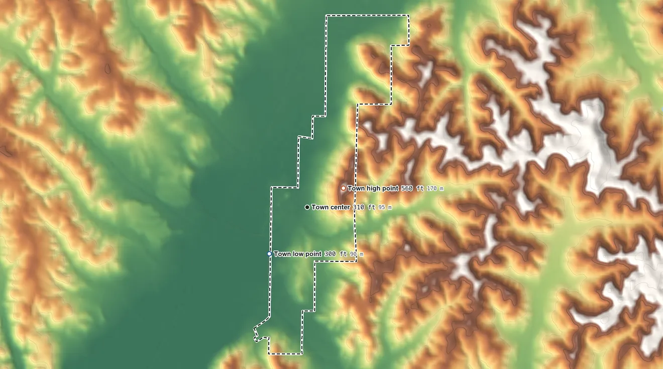 Topographic elevation map of Belk, Alabama, shaded from 300 ft on the southwest side to 560 ft on the northeast side