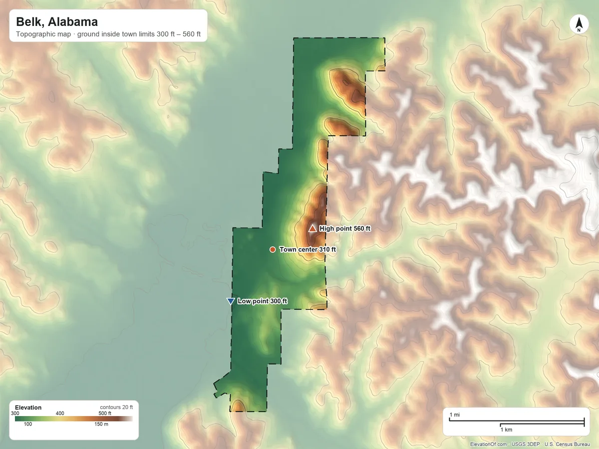 Topographic elevation map of Belk, Alabama, shaded from 300 ft on the southwest side to 560 ft on the northeast side
