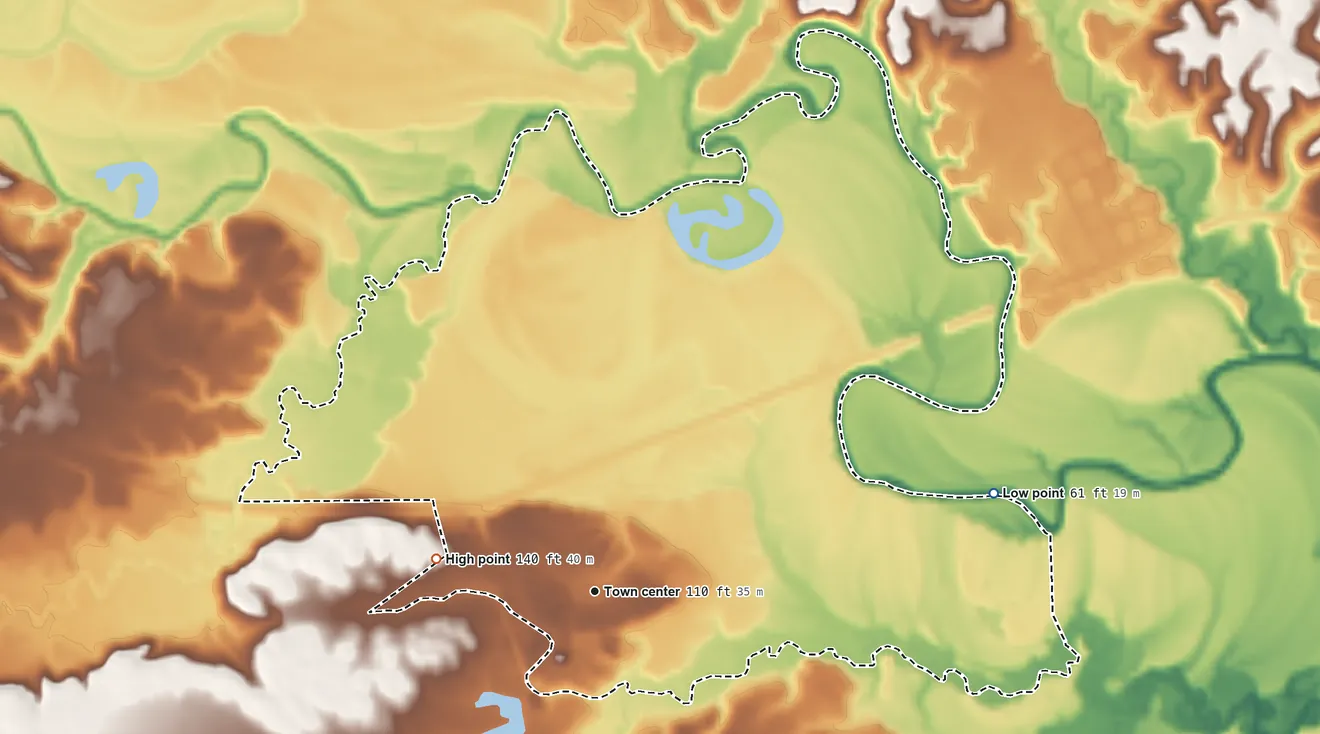 Topographic elevation map of Bellamy, Alabama, shaded from 61 ft on the east side to 140 ft on the west side