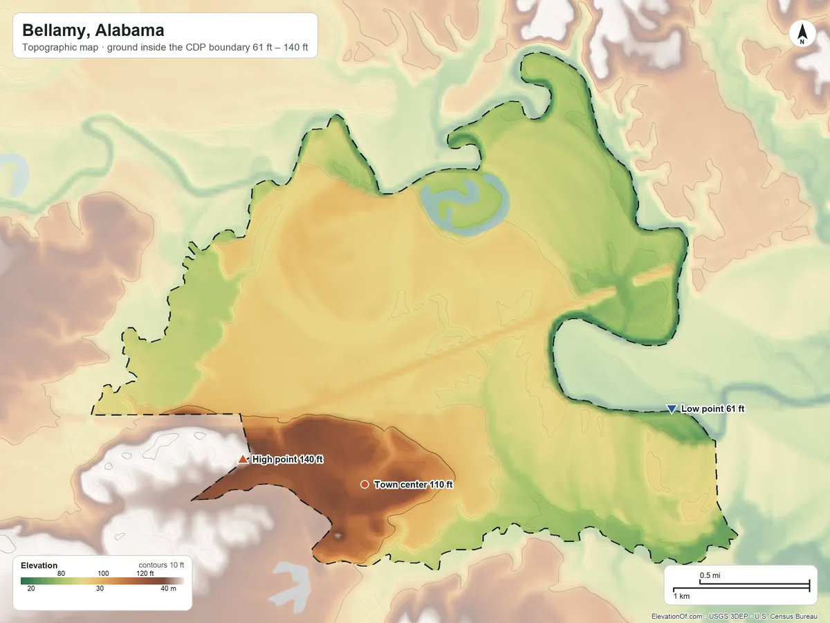 Topographic elevation map of Bellamy, Alabama, shaded from 61 ft on the east side to 140 ft on the west side