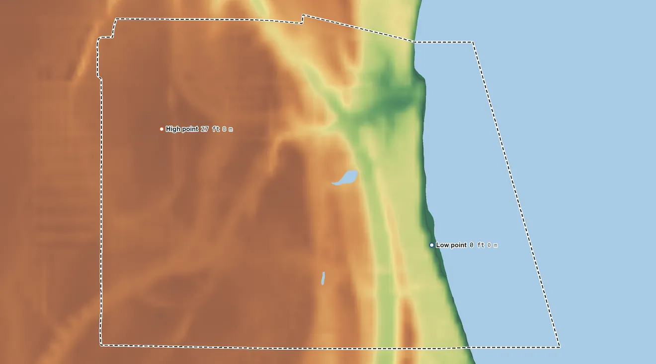Topographic elevation map of Belle Fontaine, Alabama, shaded from sea level level on Mobile Bay to 27 ft on the northwest side