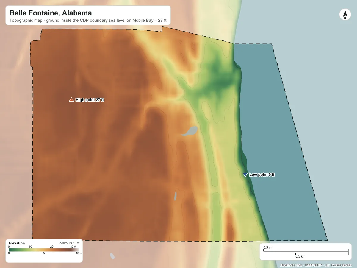 Topographic elevation map of Belle Fontaine, Alabama, shaded from sea level level on Mobile Bay to 27 ft on the northwest side