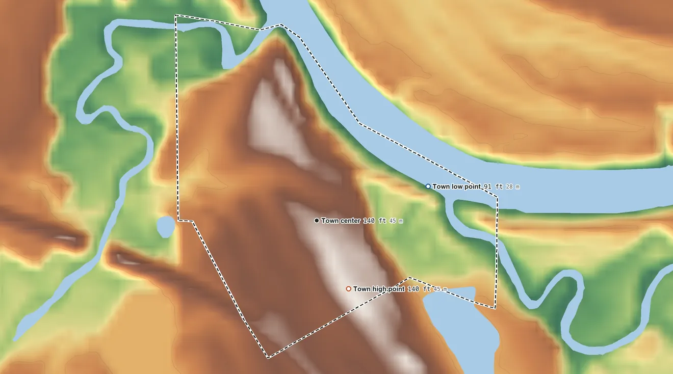 Topographic elevation map of Benton, Alabama, shaded from 91 ft on the east side to 140 ft on the southeast side