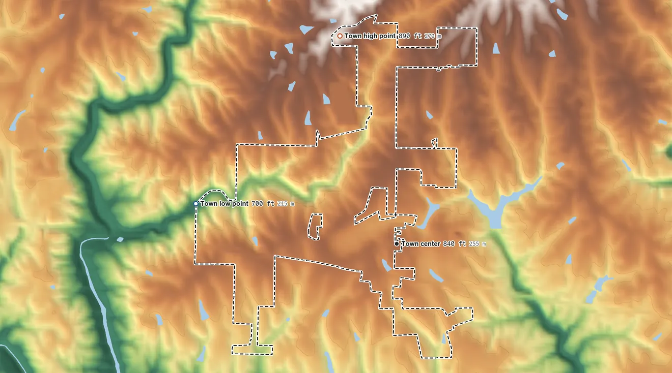 Topographic elevation map of Berlin, Alabama, shaded from 700 ft on the west side to 890 ft on the north side