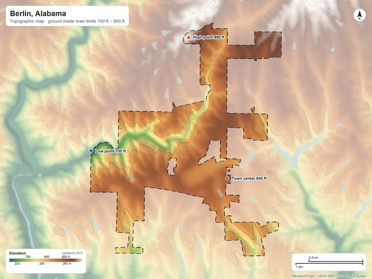 Topographic elevation map of Berlin, Alabama, shaded from 700 ft on the west side to 890 ft on the north side