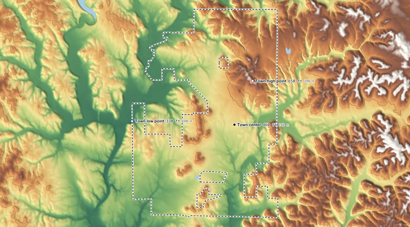 Topographic elevation map of Berry, Alabama, shaded from 330 ft on the west side to 650 ft on the north side