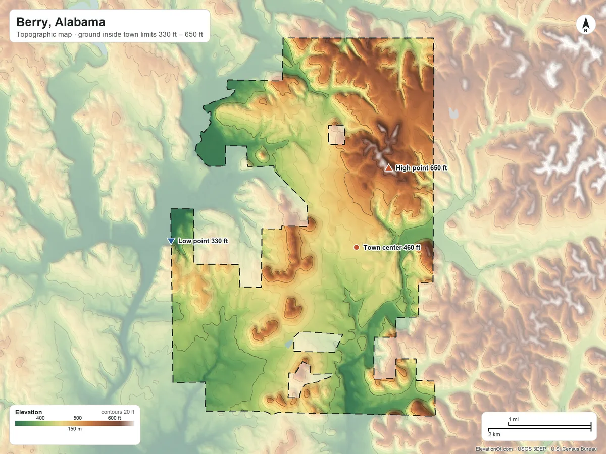 Topographic elevation map of Berry, Alabama, shaded from 330 ft on the west side to 650 ft on the north side