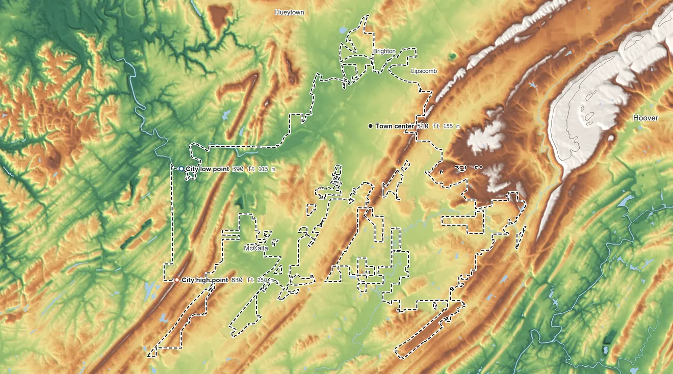 Topographic elevation map of Bessemer, Alabama, shaded from 390 ft on the west side to 830 ft on the southwest edge, below higher ground just outside
