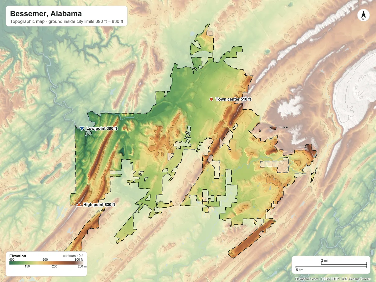 Topographic elevation map of Bessemer, Alabama, shaded from 390 ft on the west side to 830 ft on the southwest edge, below higher ground just outside