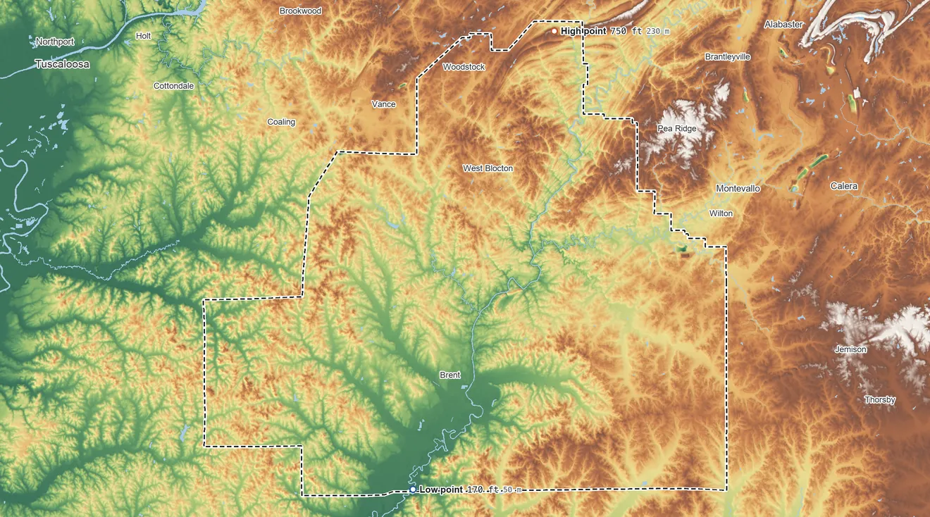 Topographic elevation map of Bibb County, Alabama, shaded from 170 ft on the south side to 750 ft on Sand Mountain