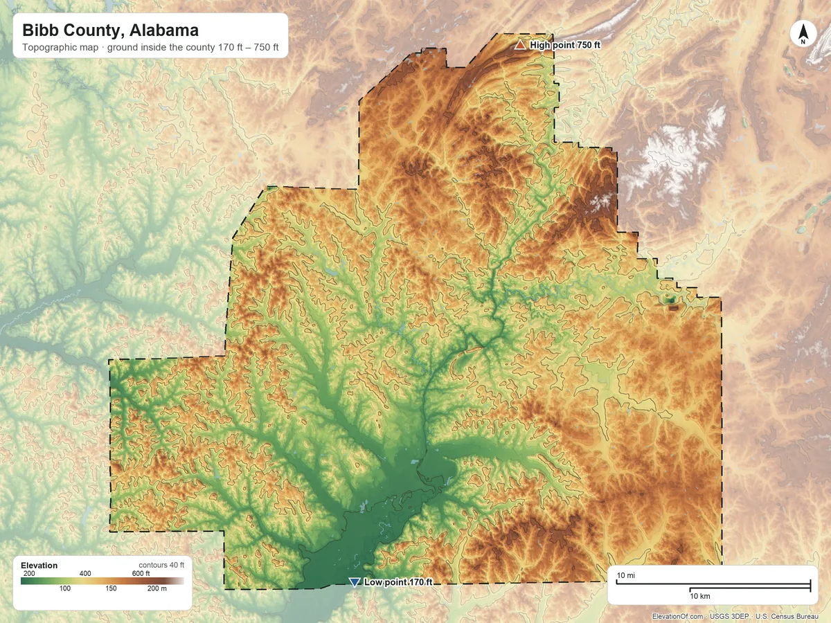 Topographic elevation map of Bibb County, Alabama, shaded from 170 ft on the south side to 750 ft on Sand Mountain