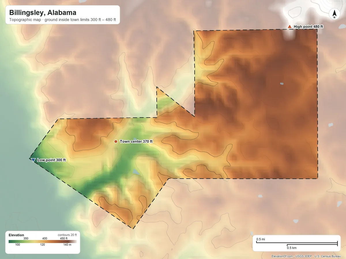 Topographic elevation map of Billingsley, Alabama, shaded from 300 ft on the west side to 480 ft on the northeast side