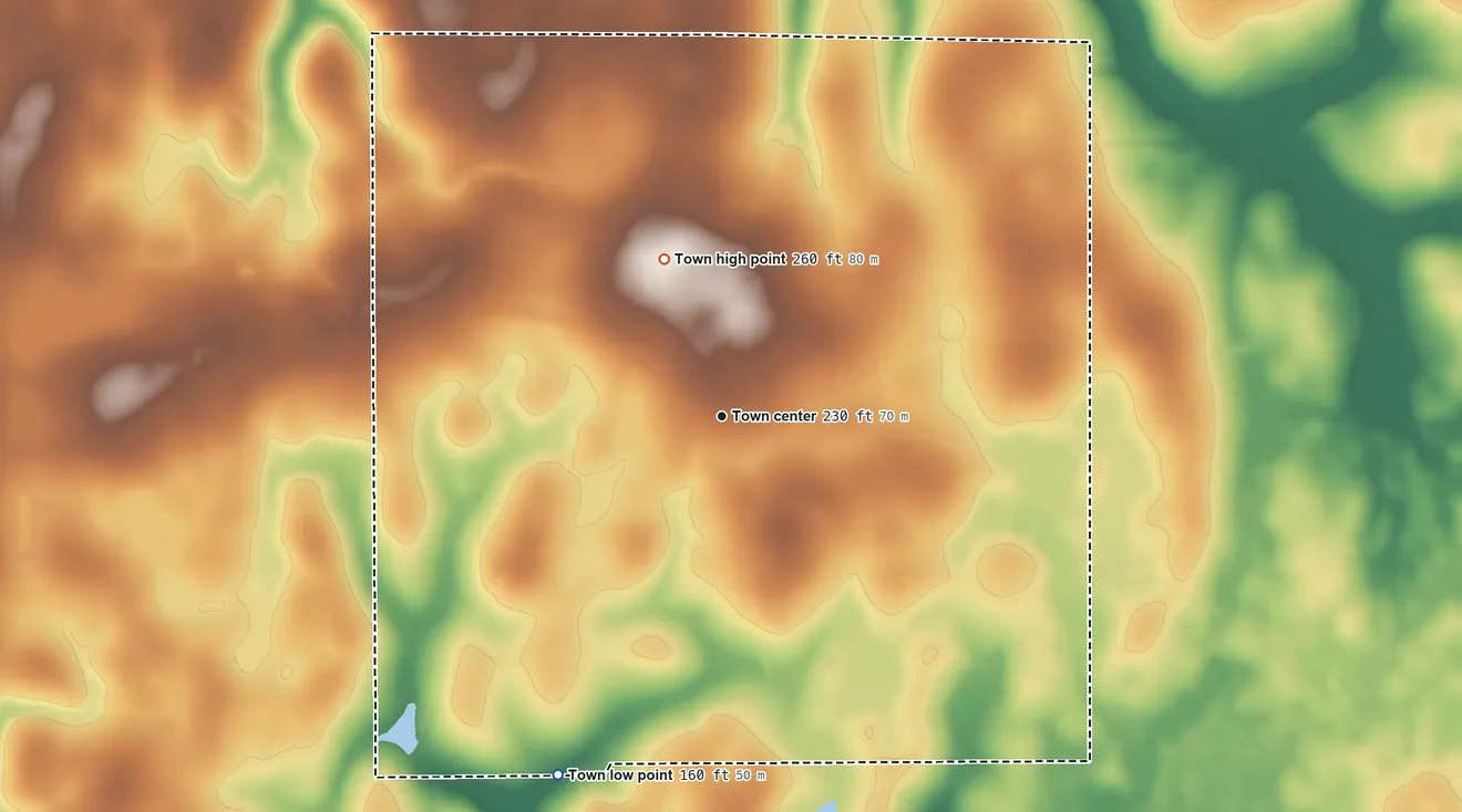 Topographic elevation map of Black, Alabama, shaded from 160 ft on the southwest side to 260 ft on the north side