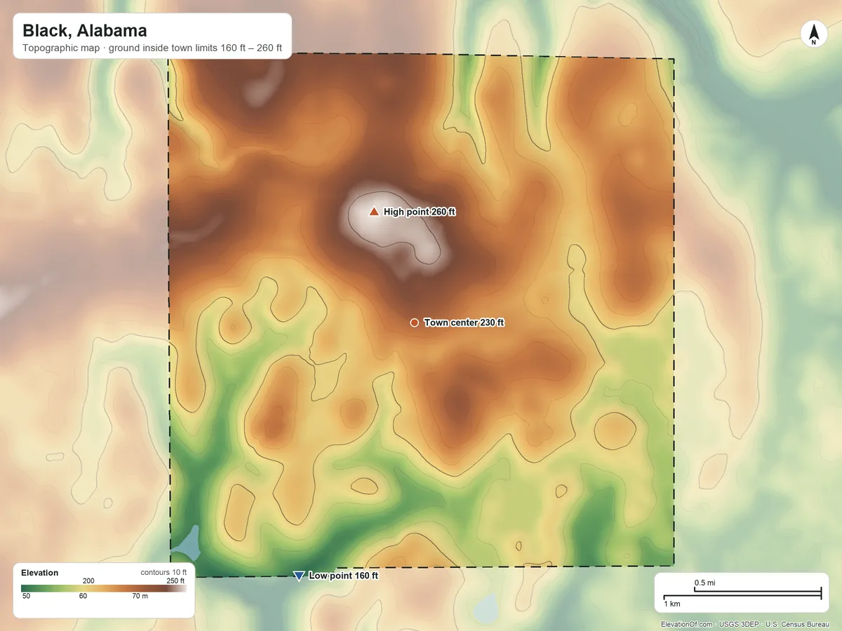 Topographic elevation map of Black, Alabama, shaded from 160 ft on the southwest side to 260 ft on the north side