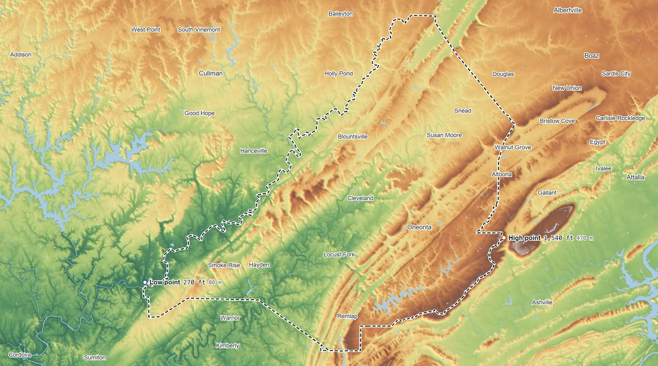 Topographic elevation map of Blount County, Alabama, shaded from 270 ft on the southwest side to 1,540 ft on the east side