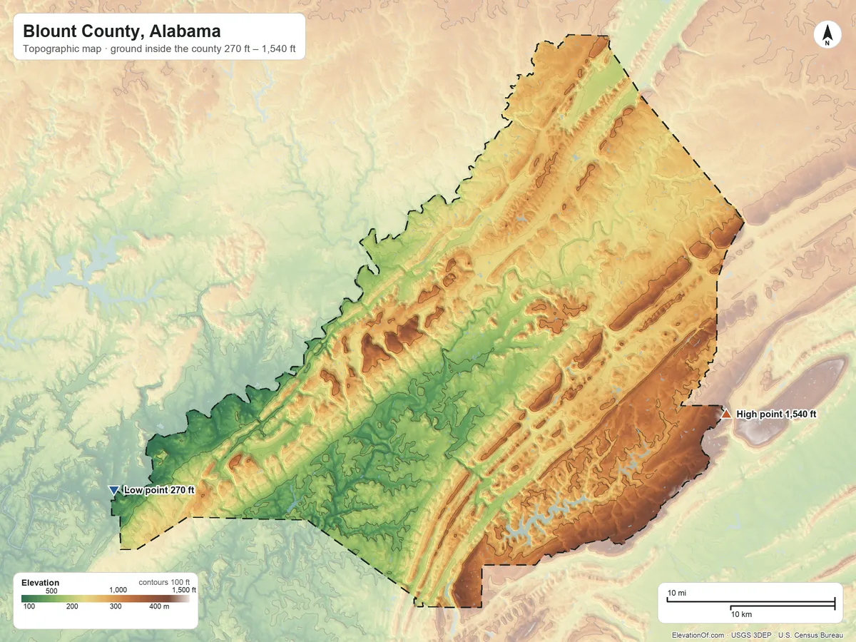 Topographic elevation map of Blount County, Alabama, shaded from 270 ft on the southwest side to 1,540 ft on the east side