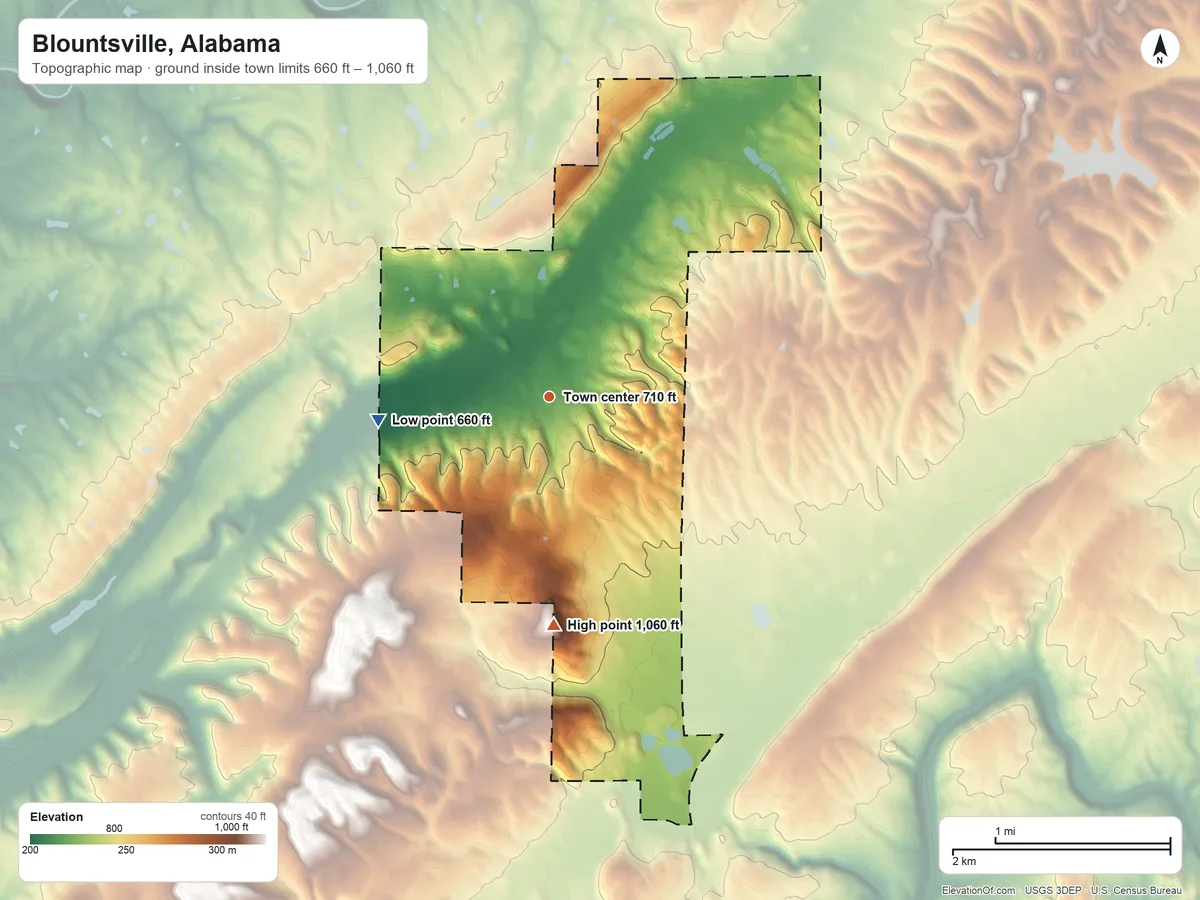 Topographic elevation map of Blountsville, Alabama, shaded from 660 ft on the west side to 1,060 ft on the south side