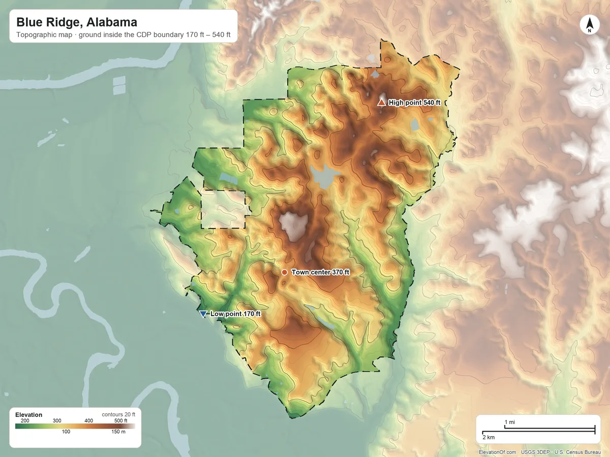 Topographic elevation map of Blue Ridge, Alabama, shaded from 170 ft on the southwest side to 540 ft on the northeast side
