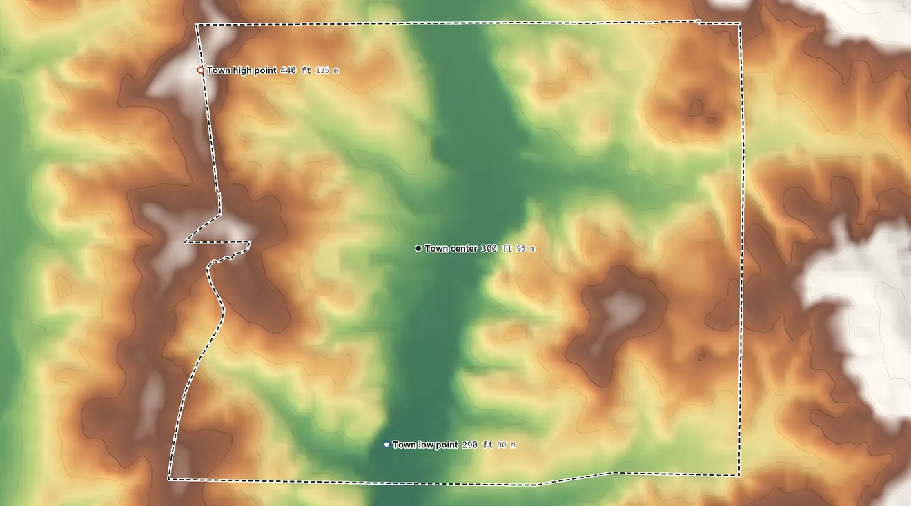 Topographic elevation map of Blue Springs, Alabama, shaded from 290 ft on the south side to 440 ft on the northwest side