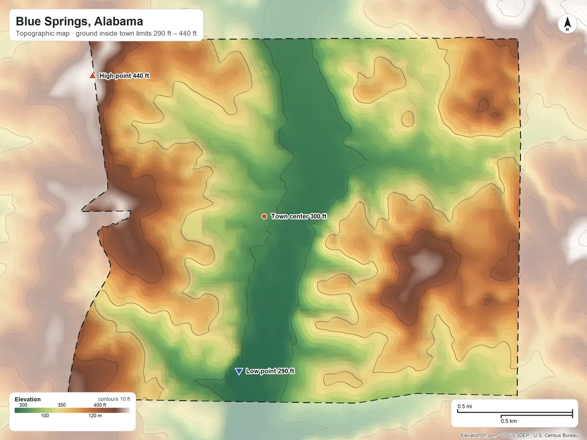 Topographic elevation map of Blue Springs, Alabama, shaded from 290 ft on the south side to 440 ft on the northwest side