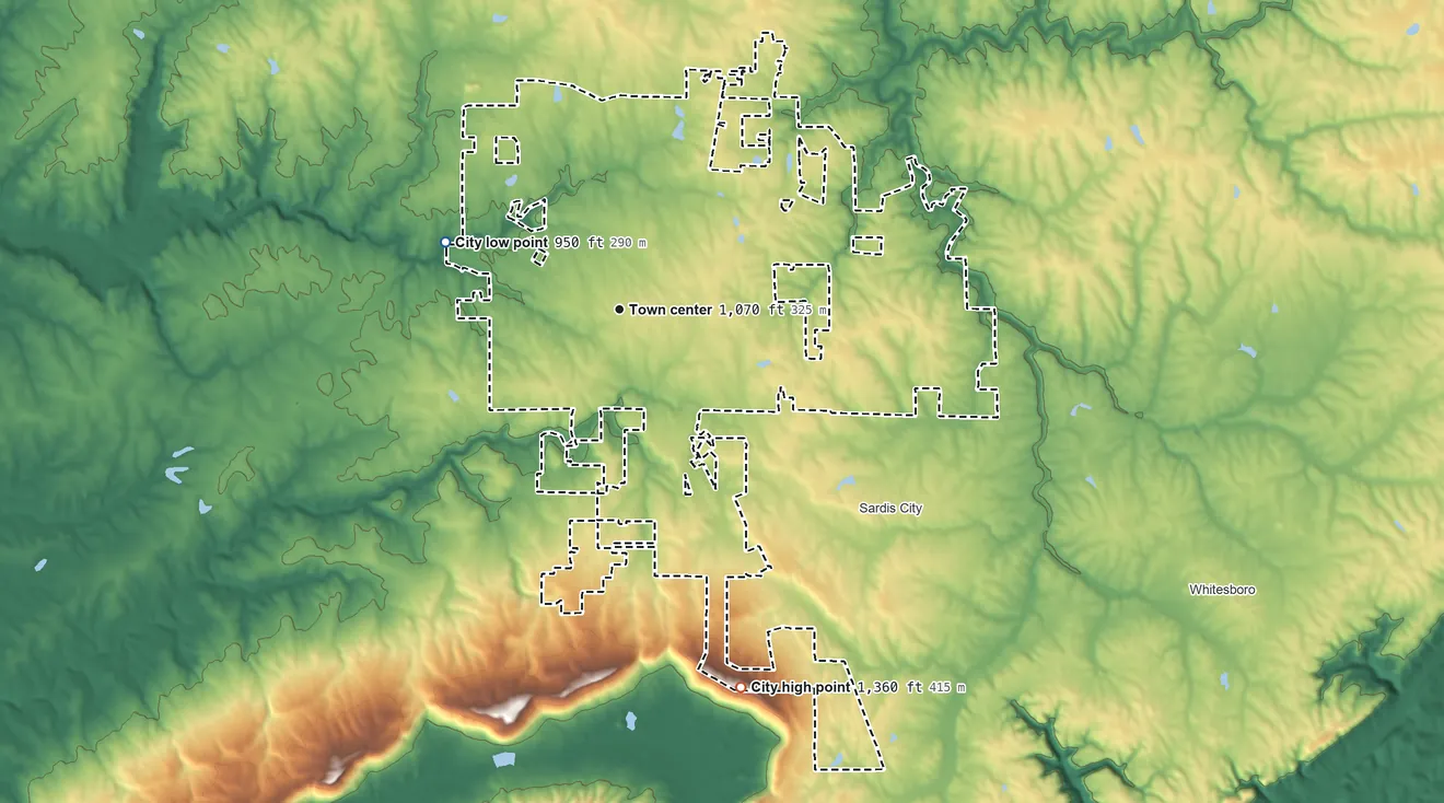 Topographic elevation map of Boaz, Alabama, shaded from 950 ft on the west side to 1,360 ft on the south side