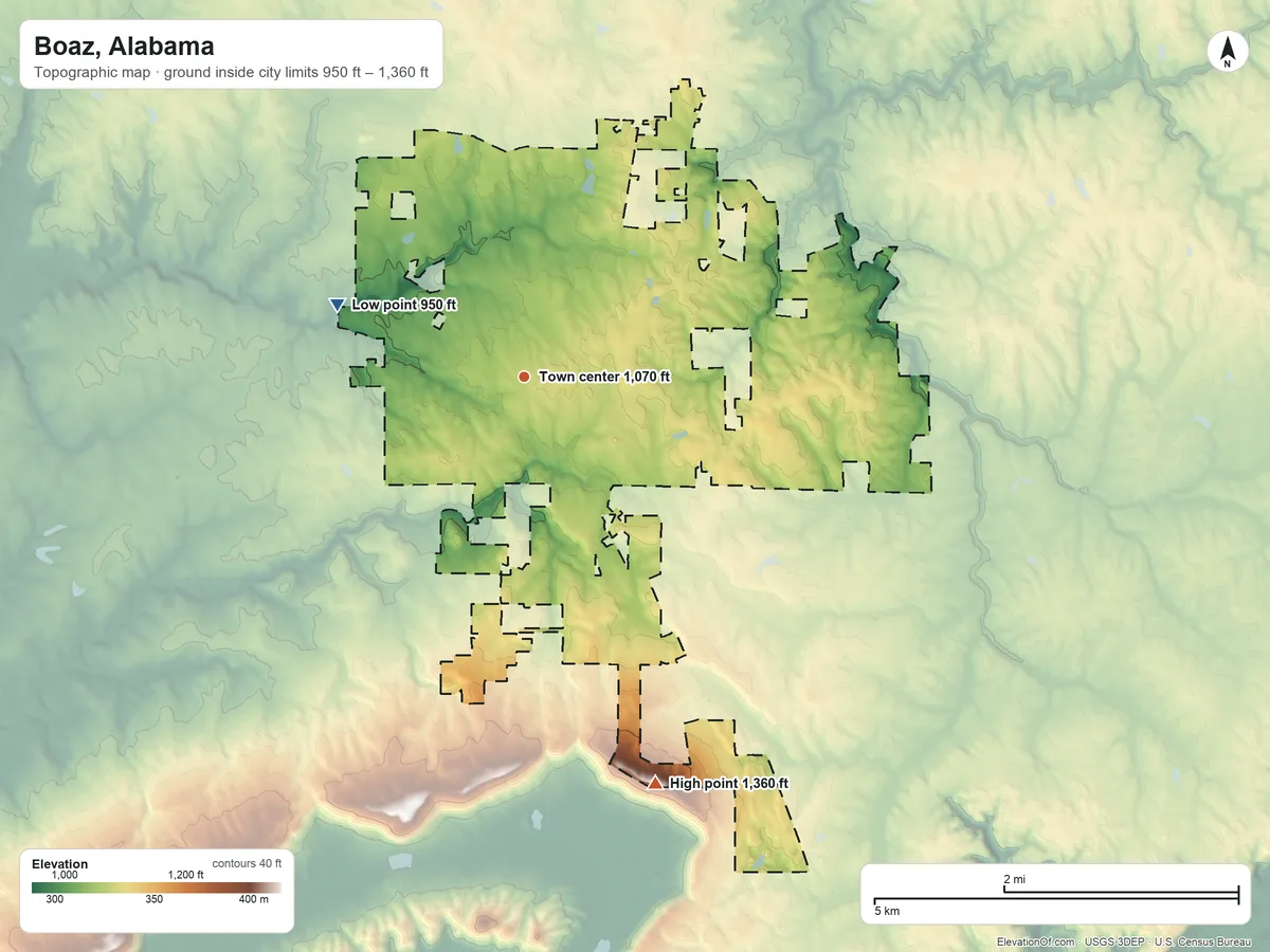 Topographic elevation map of Boaz, Alabama, shaded from 950 ft on the west side to 1,360 ft on the south side